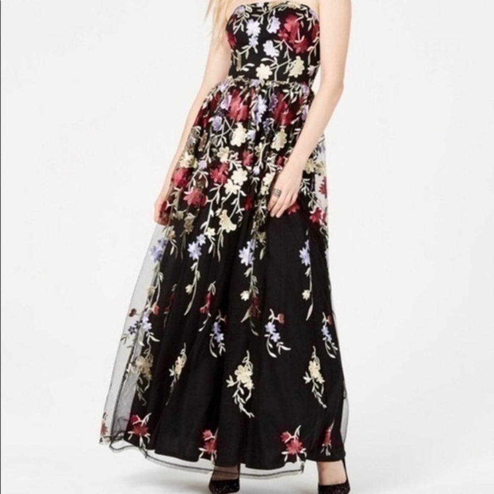 City Studios Strapless Embroidered Black Floral Maxi Dress Gown